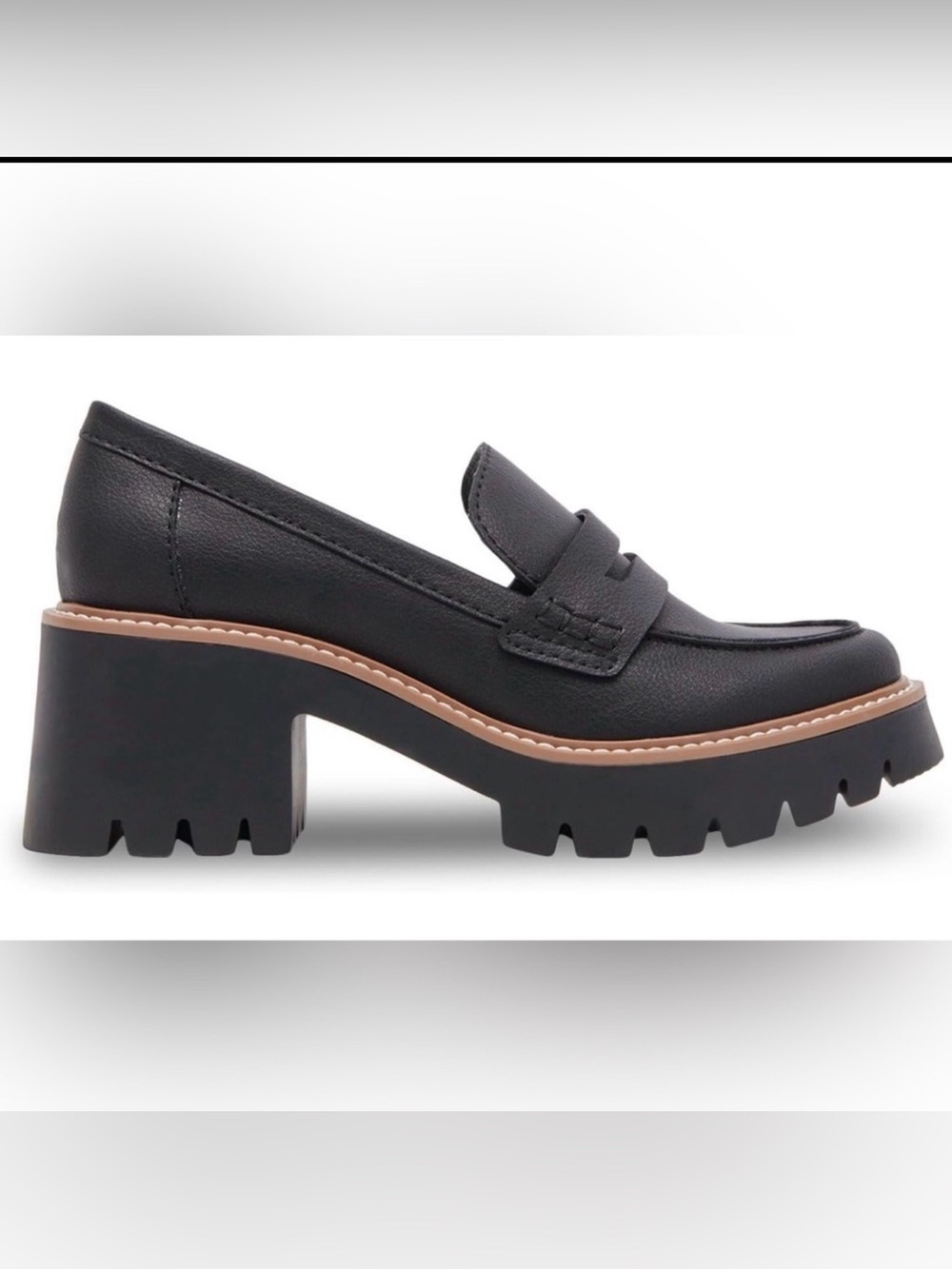 Dolce Vita Black Chunky Lug Heel Loafers with Tan Trim